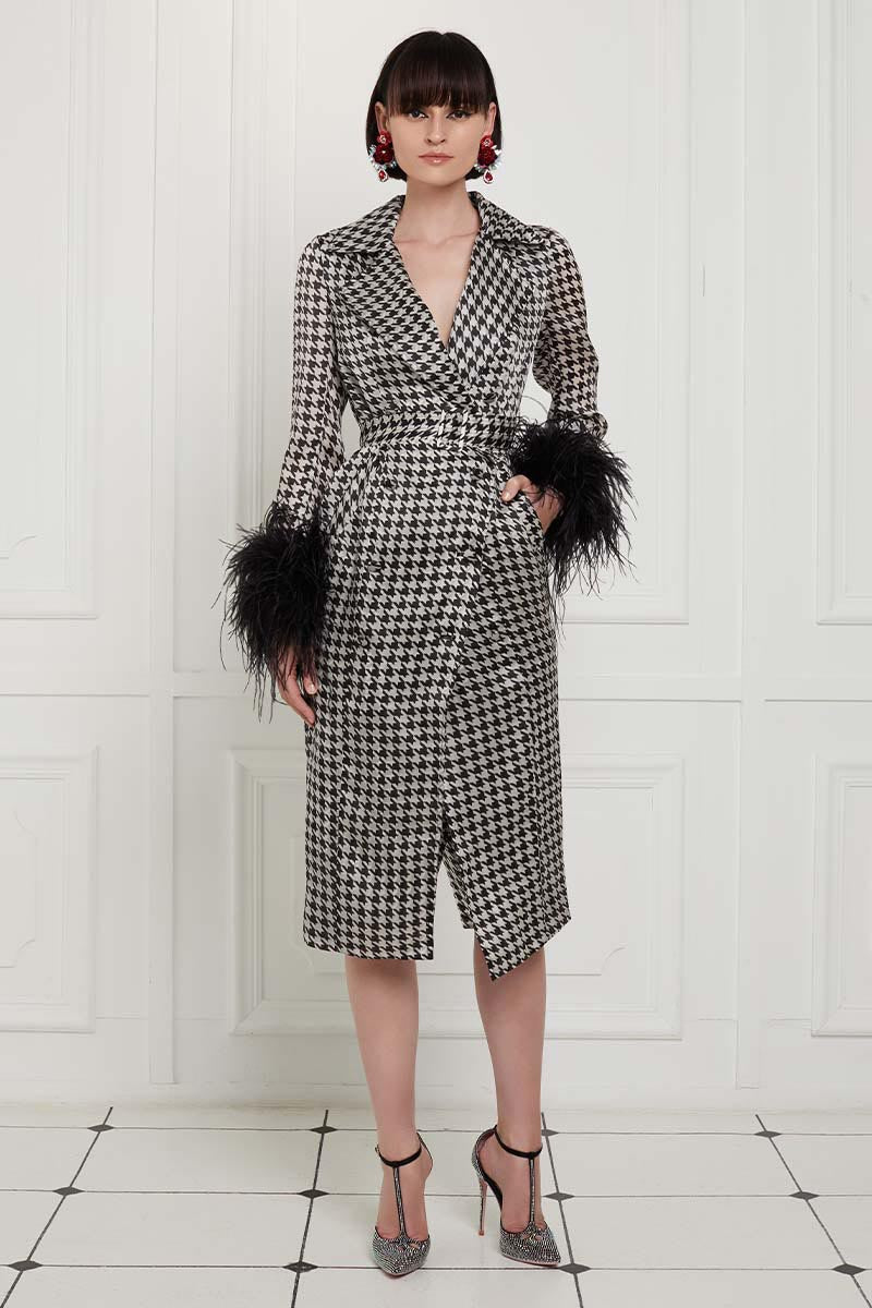 Houndstooth Print Ostrich Feather Embellished Sleeves Silk Gazar Trench Coat
