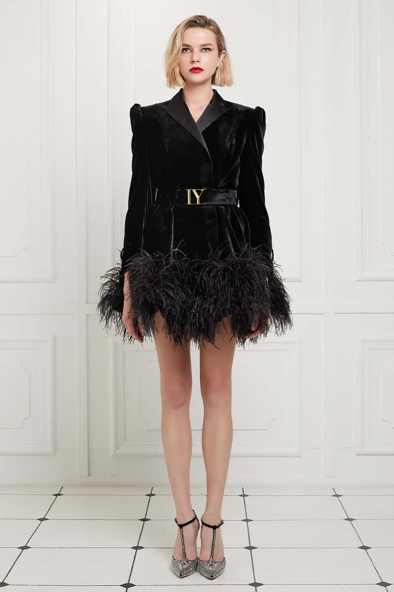 Ostrich Feather Embellished Silk Velvet Mini Trench Dress