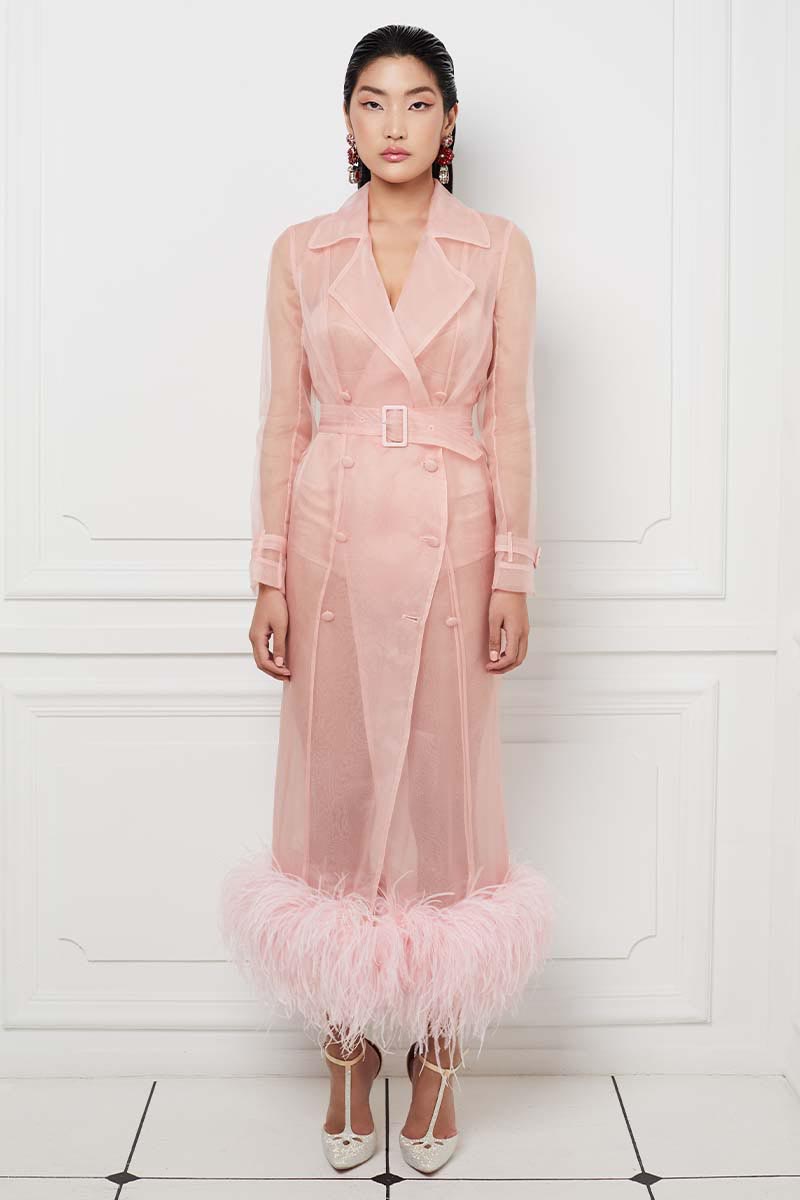 Ostrich Feather Embellished Silk Gazar Slim Midi Trench Dress in Pink