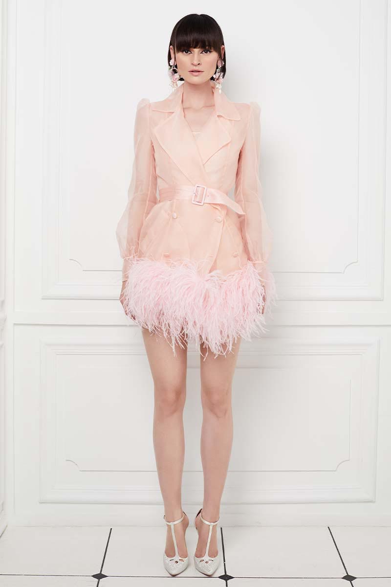 Ostrich Feather Embellished Silk Gazar Slim Mini Trench Dress in Pink
