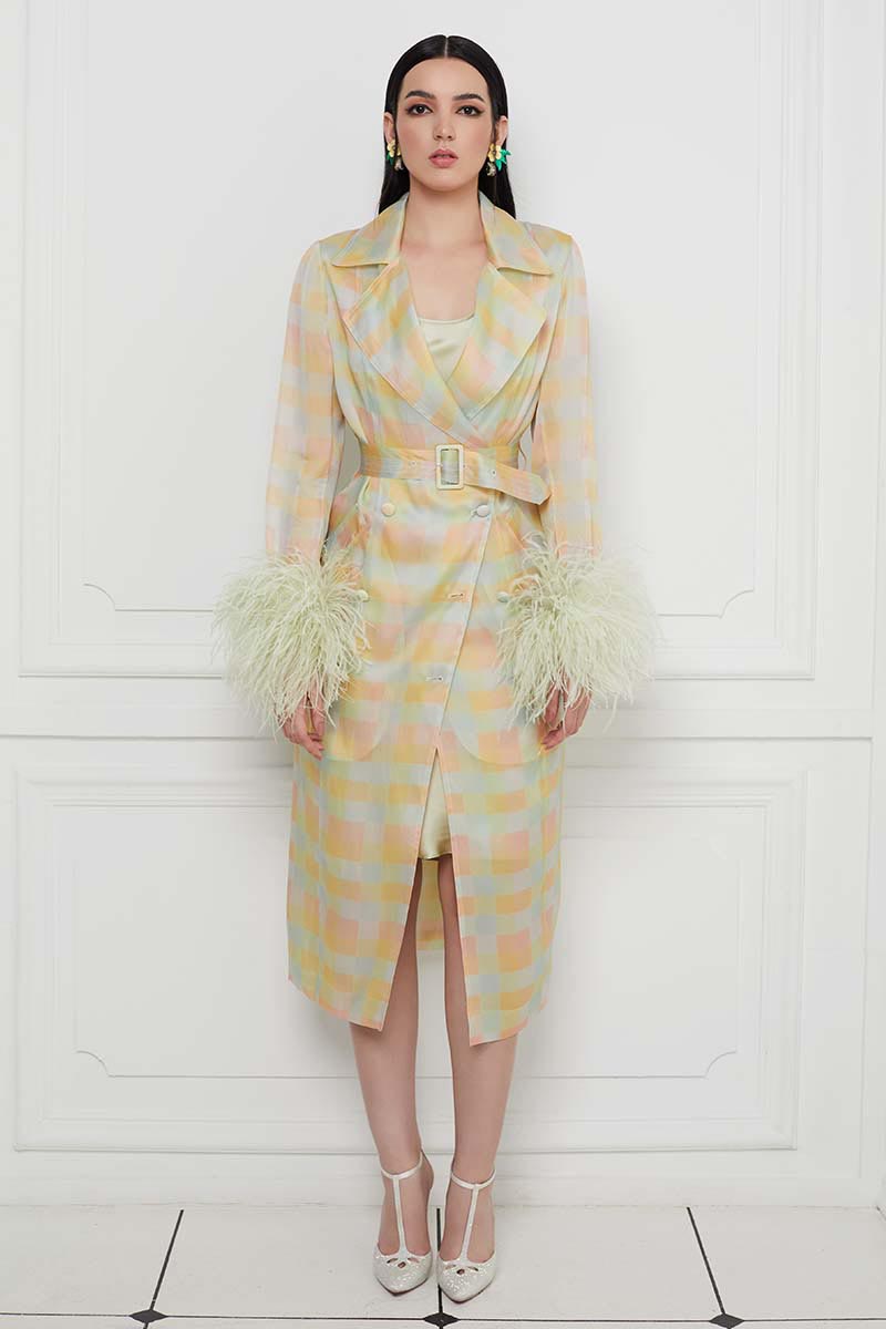 Checkered Print Ostrich Feather Embellished Sleeves Silk Gazar Trench Coat