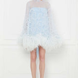 Ostrich Feather Embellished Mini Dress with Bell Sleeves in Baby Blue