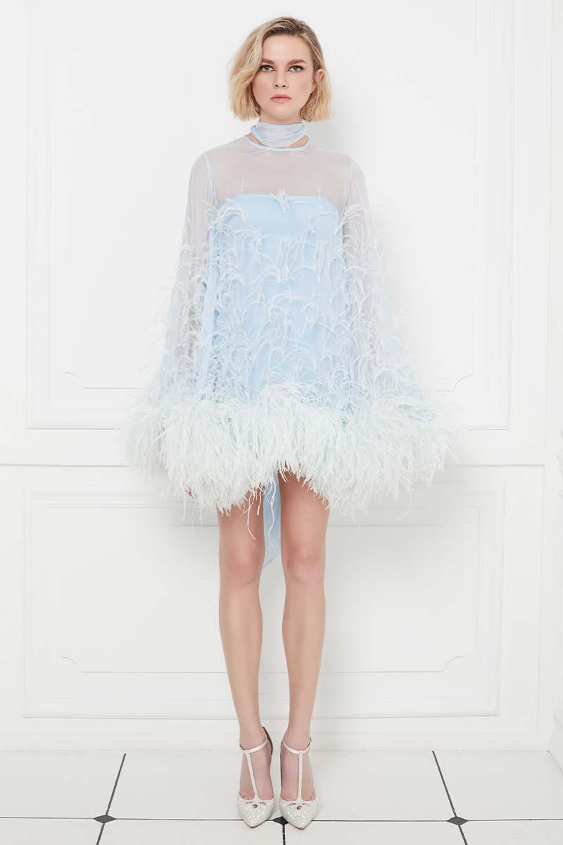 Ostrich Feather Embellished Mini Dress with Bell Sleeves in Baby Blue