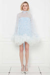 Ostrich Feather Embellished Mini Dress with Bell Sleeves in Baby Blue