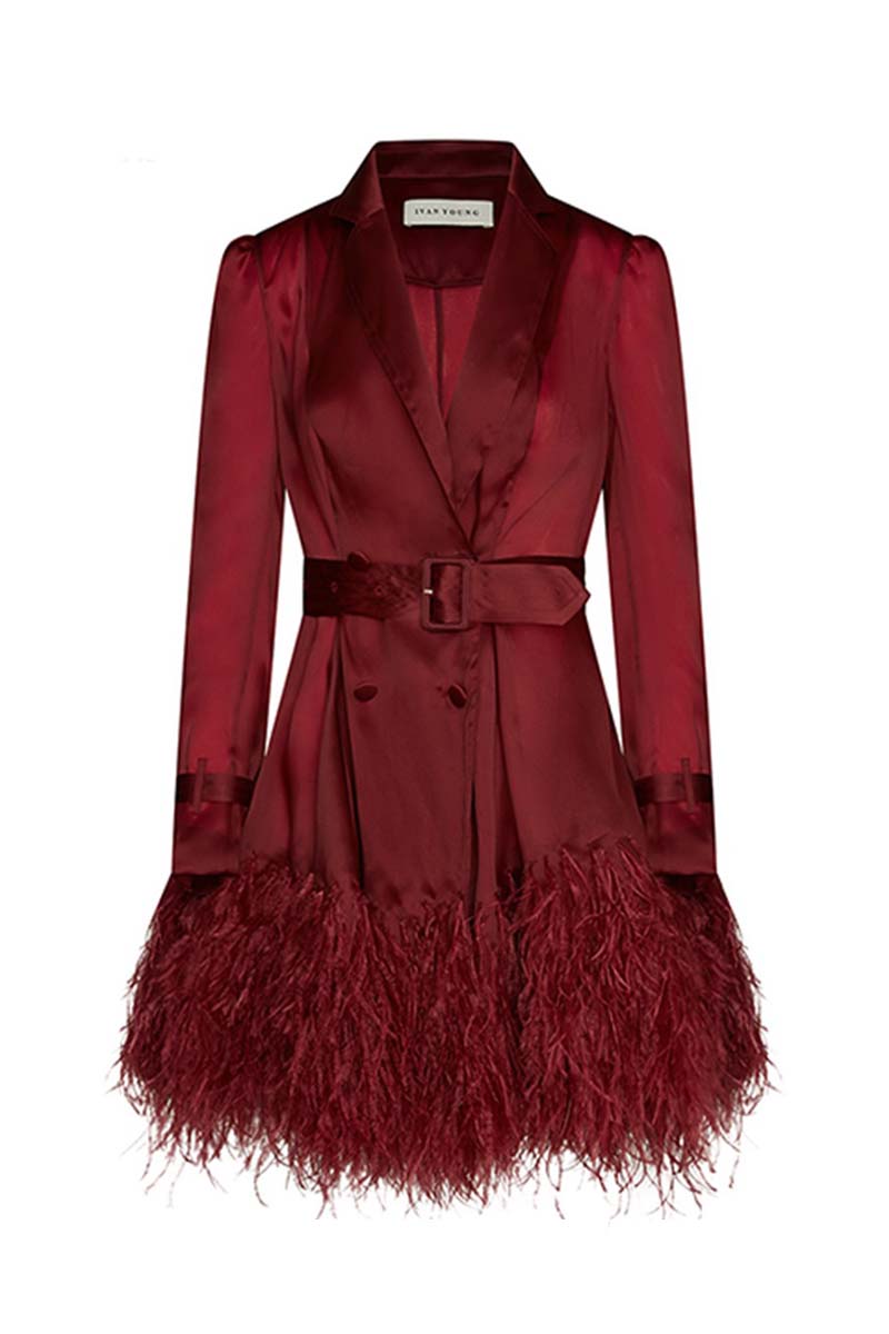 Ostrich Feathers Embellished Silk Gazar Mini Trench Dress in Rosewood