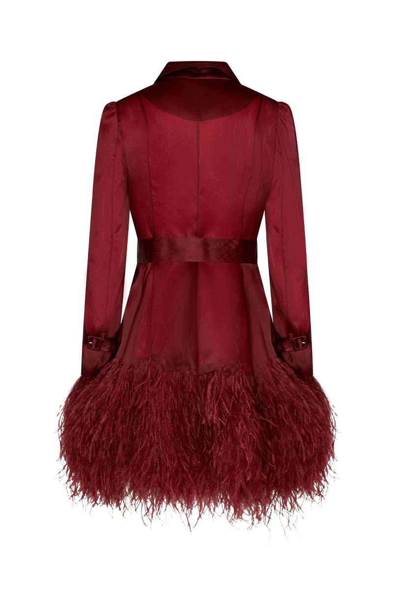 Ostrich Feathers Embellished Silk Gazar Mini Trench Dress in Rosewood