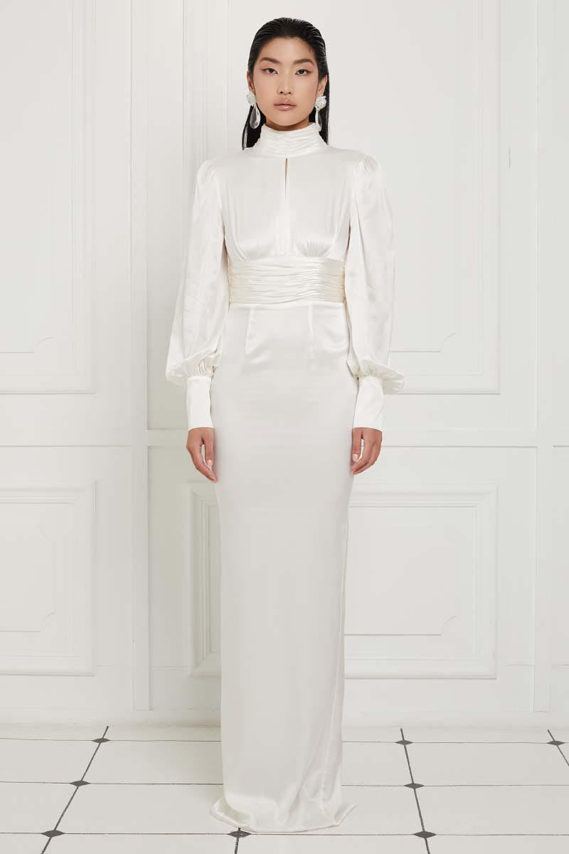 Turtleneck Open Back Silk Satin Dress in White