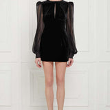 Silk Velvet Mini Dress with Puffed Silk Chiffon Sleeves in Black