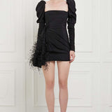 Ostrich Feather Embellished Trail Mini Dress in Black