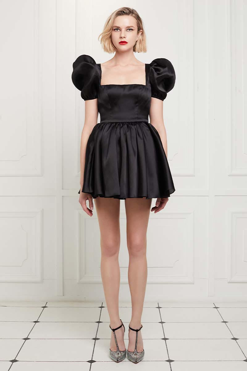 Puffed Sleeves Silk Gazar Mini Dress in Black