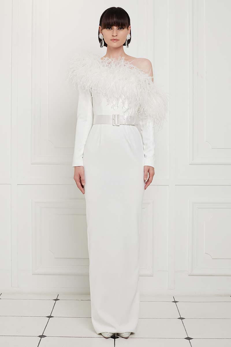 Ostrich Feather Trimmed Asymmetrical Gown in White
