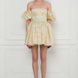 Checkered Print Puffed Sleeves Silk Gazar Dress