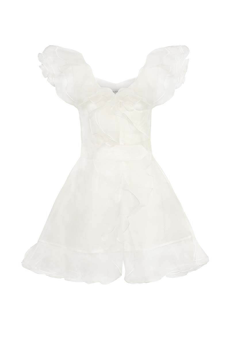 Ruffled Silk Gazar Mini Dress in White