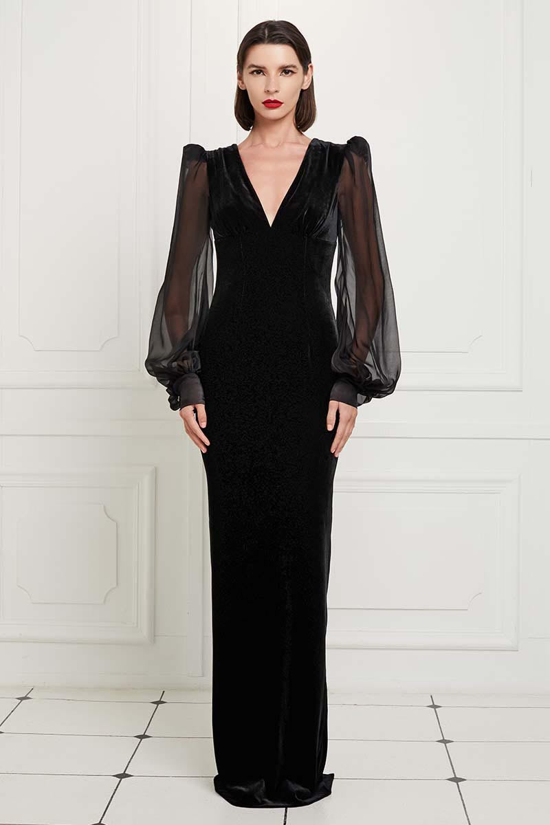 Silk Velvet Full Length Gown with Puffed Silk Chiffon Sleeves in Black