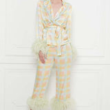 Checkered Print Ostrich Feather Embellished Cropped Trousers