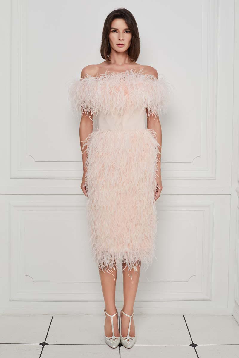 Ostrich Feather Embellished High Waisted Skirt in Baby Pink