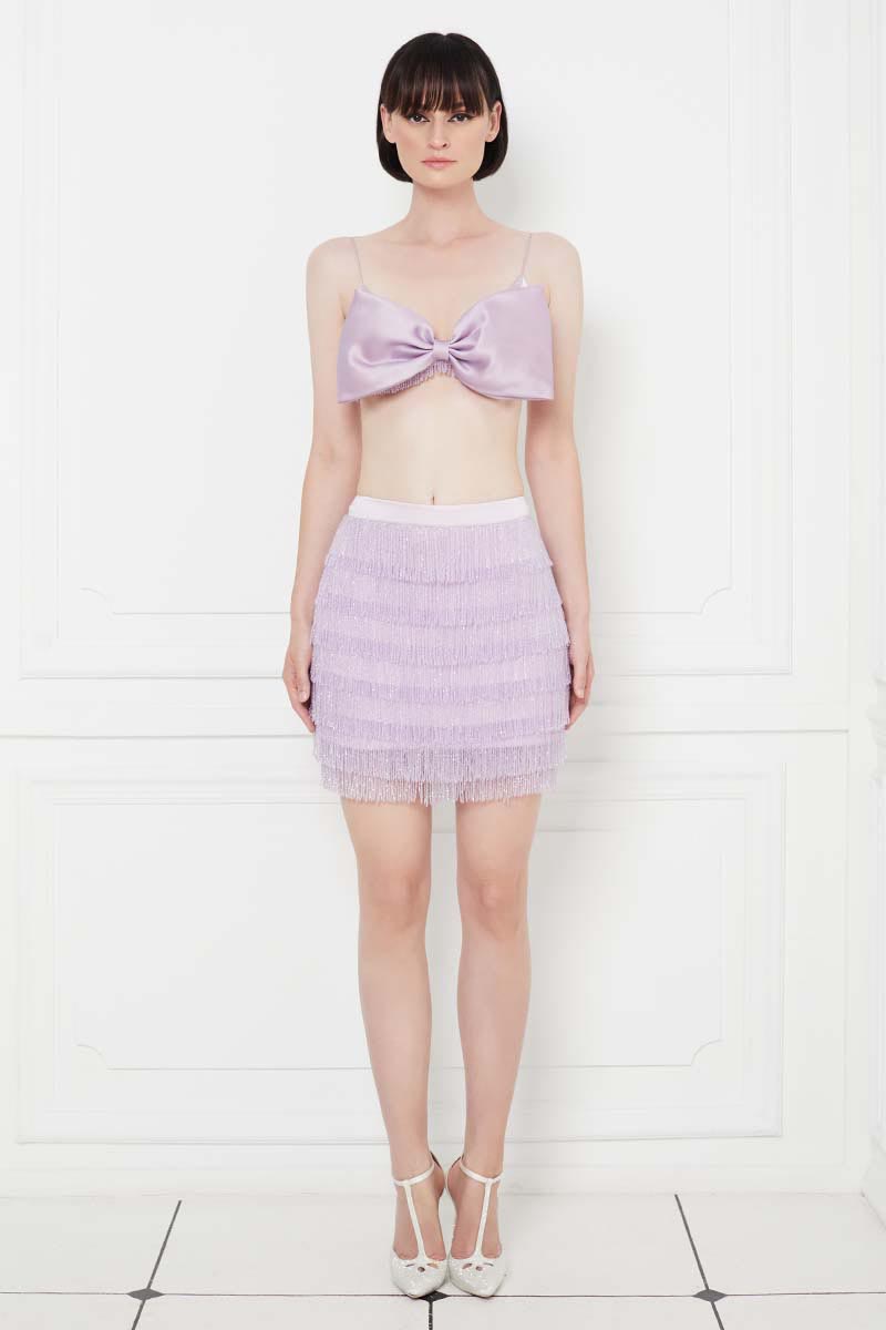 Ariana Tiered Crystal Fringe Mini Skirt in Lilac