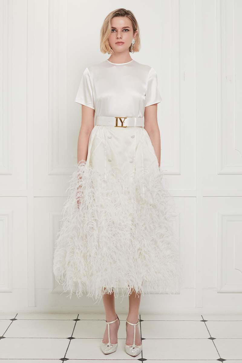 Ostrich Feather Embellished Silk Gazar Skirt in White