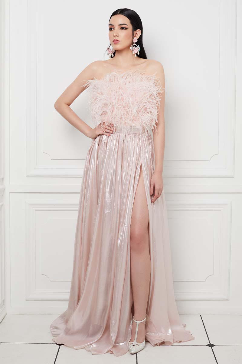 Pleated Maxi Skirt With Side Slit in Pink