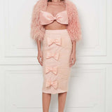Silk Gazar Ribbon Embellished Draped Tulle Pencil Skirt in Pink