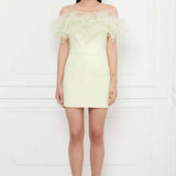 Ostrich Feather Trimmed Off Shoulder Top in Pale Chartreuse