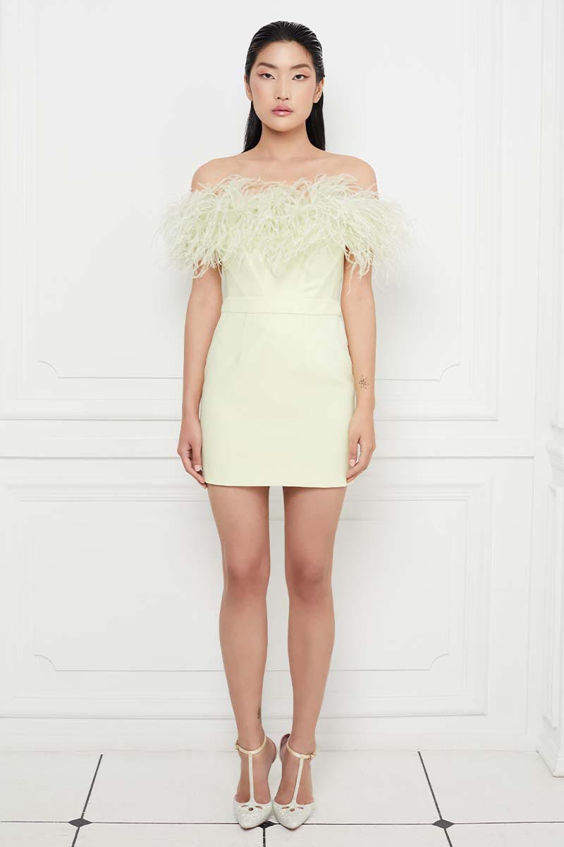 Ostrich Feather Trimmed Off Shoulder Top in Pale Chartreuse