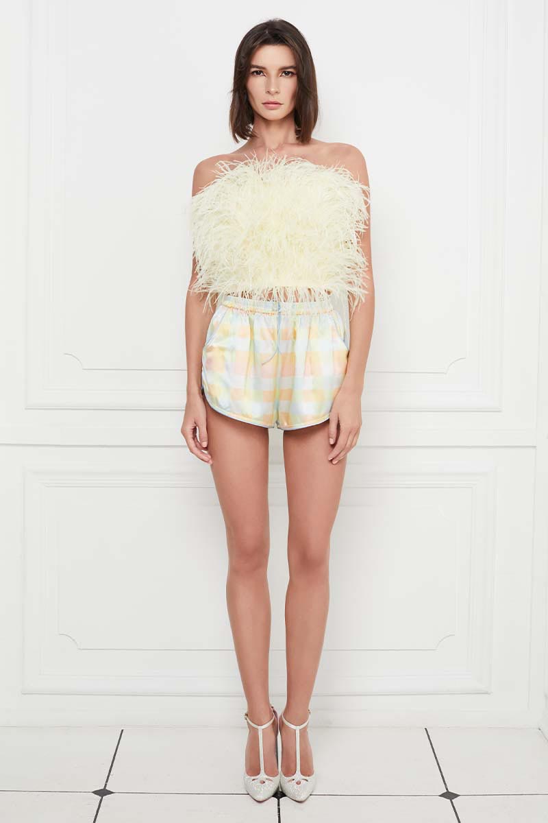 Ostrich Feather Embellished Strapless Top in Light Yellow
