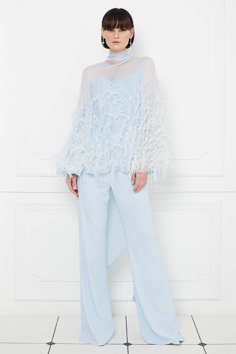 Ostrich Feather Embellished Blouse with Bell Sleeves in Baby Blue