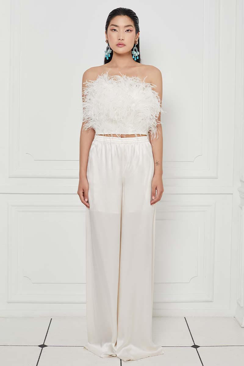 Ostrich Feather Embellished Strapless Top in White