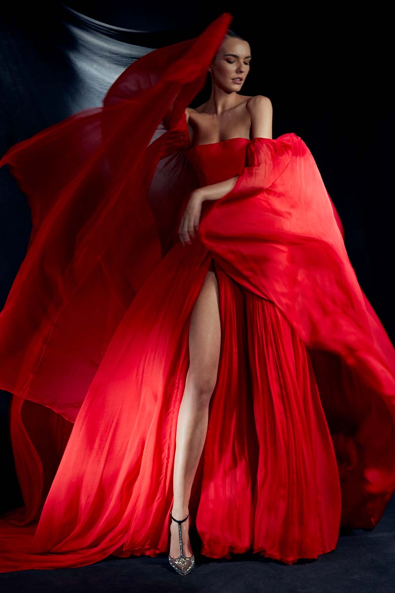 Fitted Bustier Off Shoulder Soft Pleated Silk Chiffon Dress in Red
