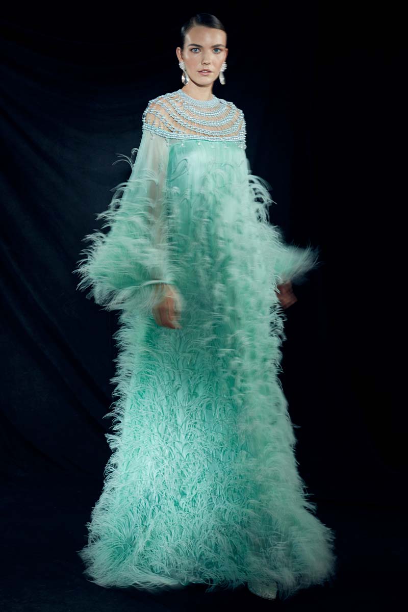 Ostrich Feather Embellished Pearl Maxi Tent Dress in Mint Green