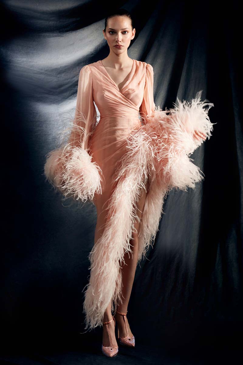Ostrich Feather Trimmed Ruched Side Slit Silk Chiffon Dress in Blush Pink