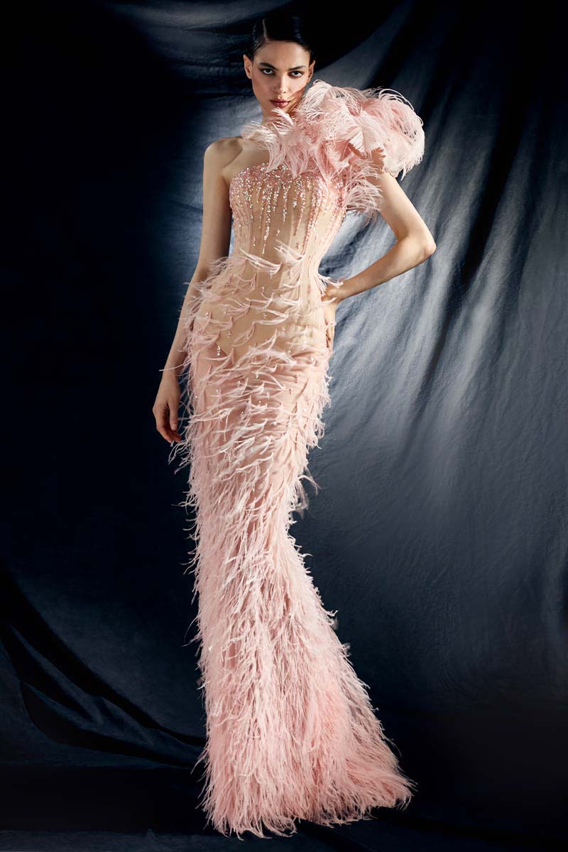 Ostrich Feather Embellished Mesh Dress in Blush Pink