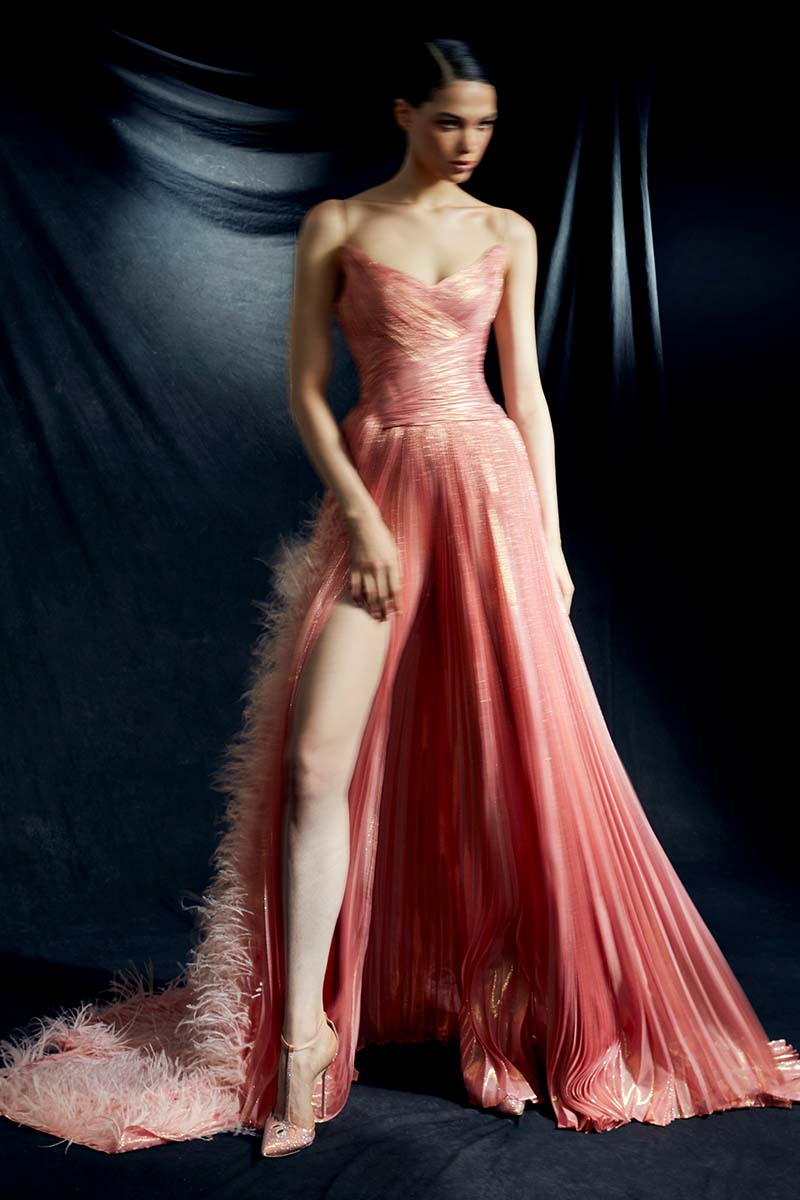 Ostrich Feather Embellished Side Slit Draped Dress in Coral Pink