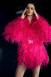 Ostrich Feather Embellished Double Breasted Coat in Raspberry Red with Logo Belt