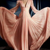 Plunging Neckline Draped Bodice Double Front Slit Silk Chiffon Dress in Blush Pink