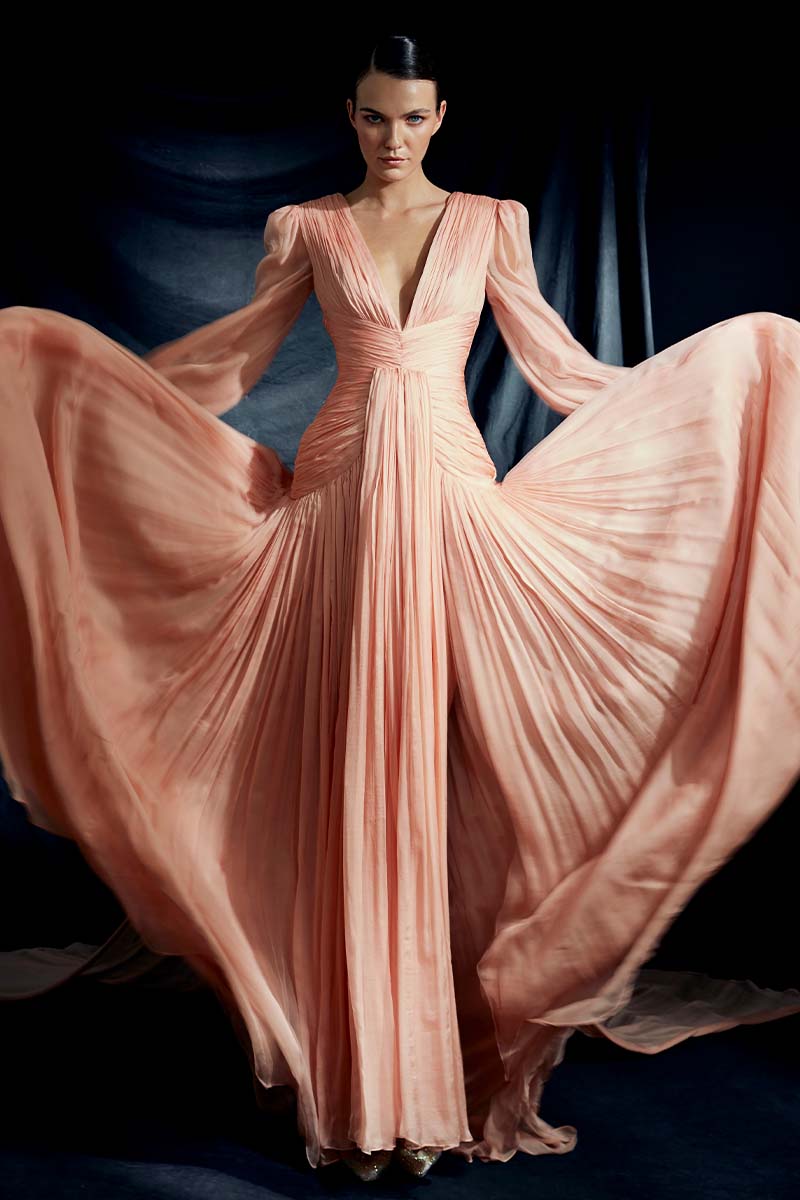 Plunging Neckline Draped Bodice Double Front Slit Silk Chiffon Dress in Blush Pink