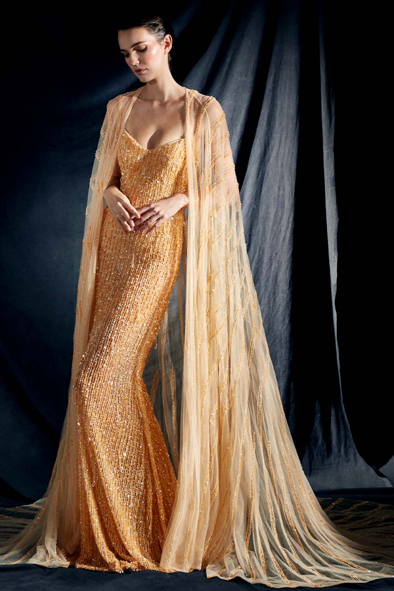 Sequins Embroidered Mesh Dress with Cape in Champagne