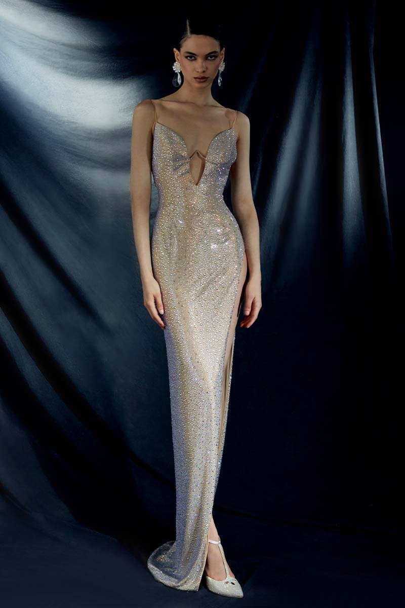Rhinestone Embellished Asymmetric High Slit Dress in Crystal