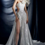 Side Ruched Ostrich Feather Embellished Side Slit Silver Line Silk Chiffon Dress in Silver