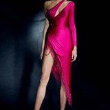 Cutout One-shoulder Asymmetric Silk Satin Dress with Crystal Fringe in Magenta