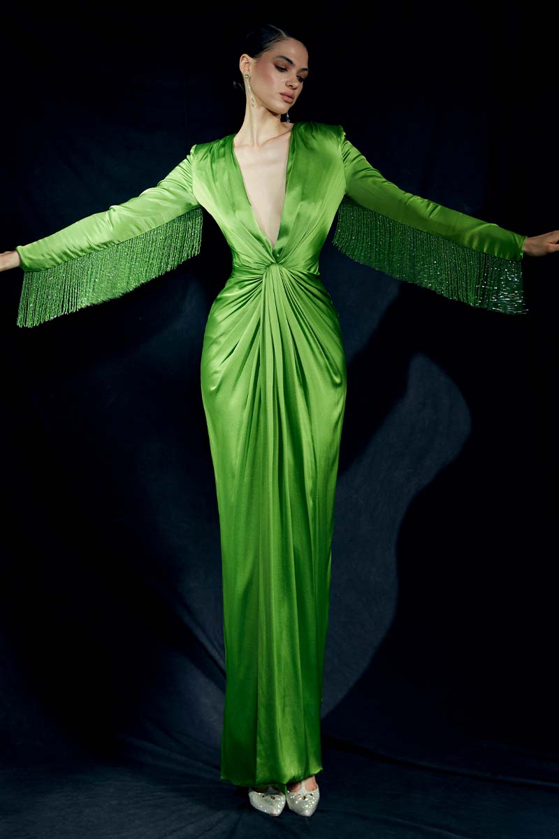 Crystal Fringe Embellished Sleeves Plunging Neckline Silk Satin Dress in Lime Green