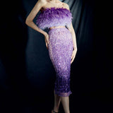 Embroidered Mesh Midi Skirt with Crystal Fringe in Gradient Amethyst Purple