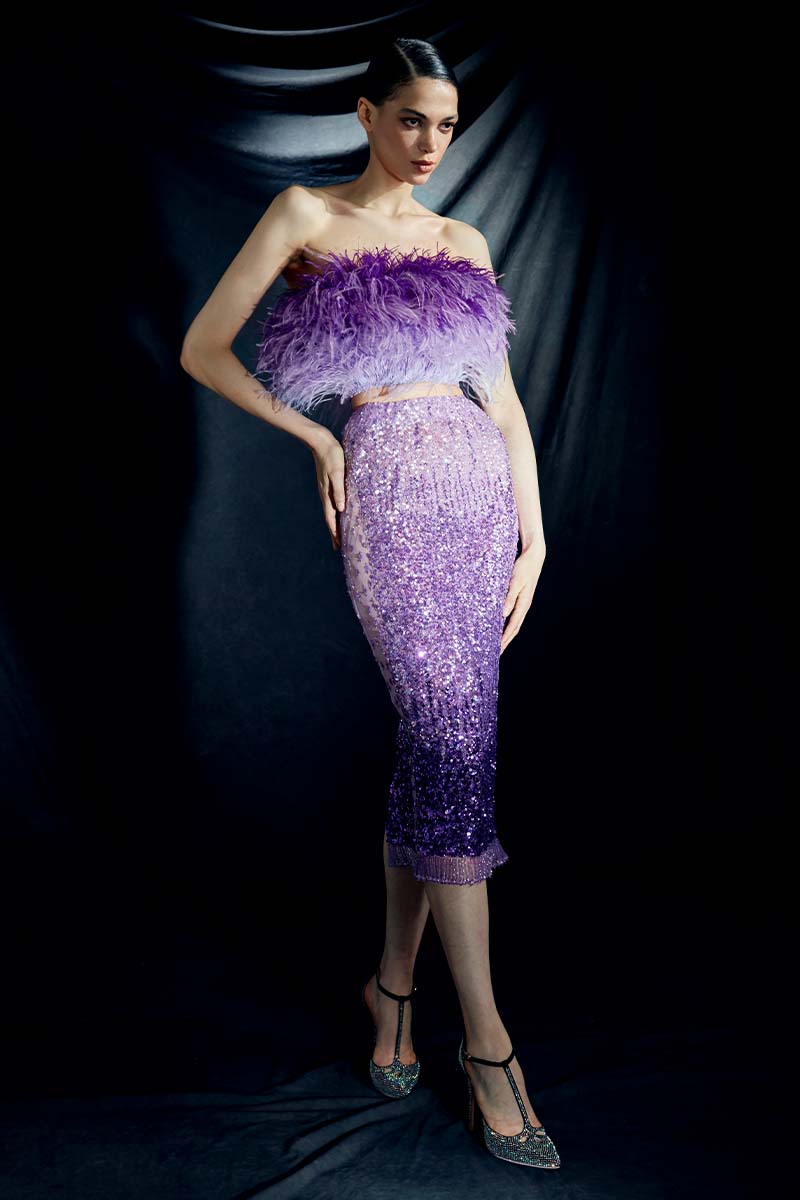 Ostrich Feather Embellished Strapless Top in Gradient Amethyst Purple