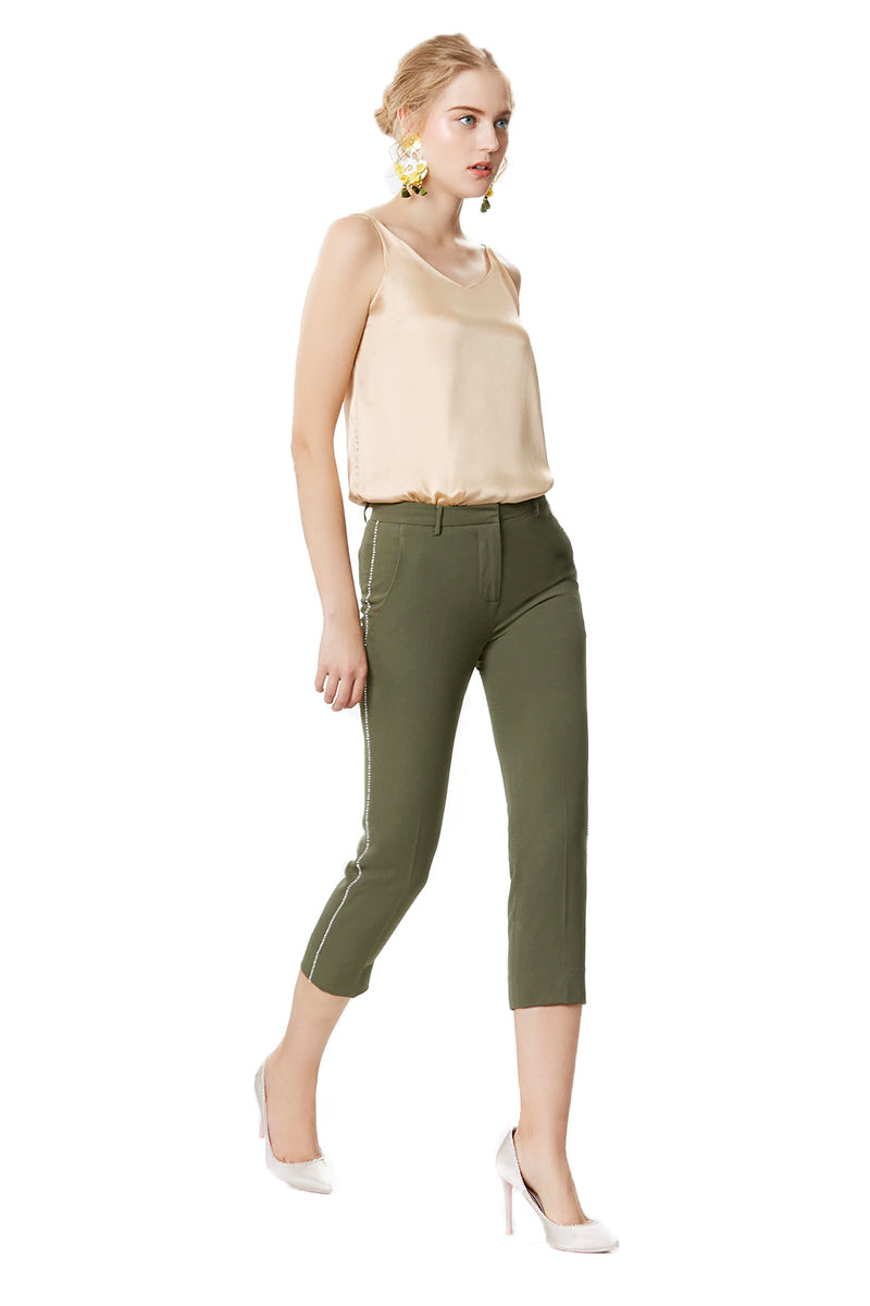 IY Beaded Cropped Trousers In Khaki