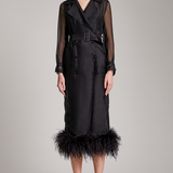 Ostrich Feather Embellished Silk Gazar Slim Midi Trench Dress in Black