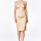 Champagne Silk Satin Plunging Neckline Cross Back Dress