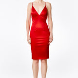Red Silk Satin Plunging Neckline Cross Back Dress