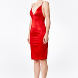 Red Silk Satin Plunging Neckline Cross Back Dress