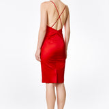 Red Silk Satin Plunging Neckline Cross Back Dress